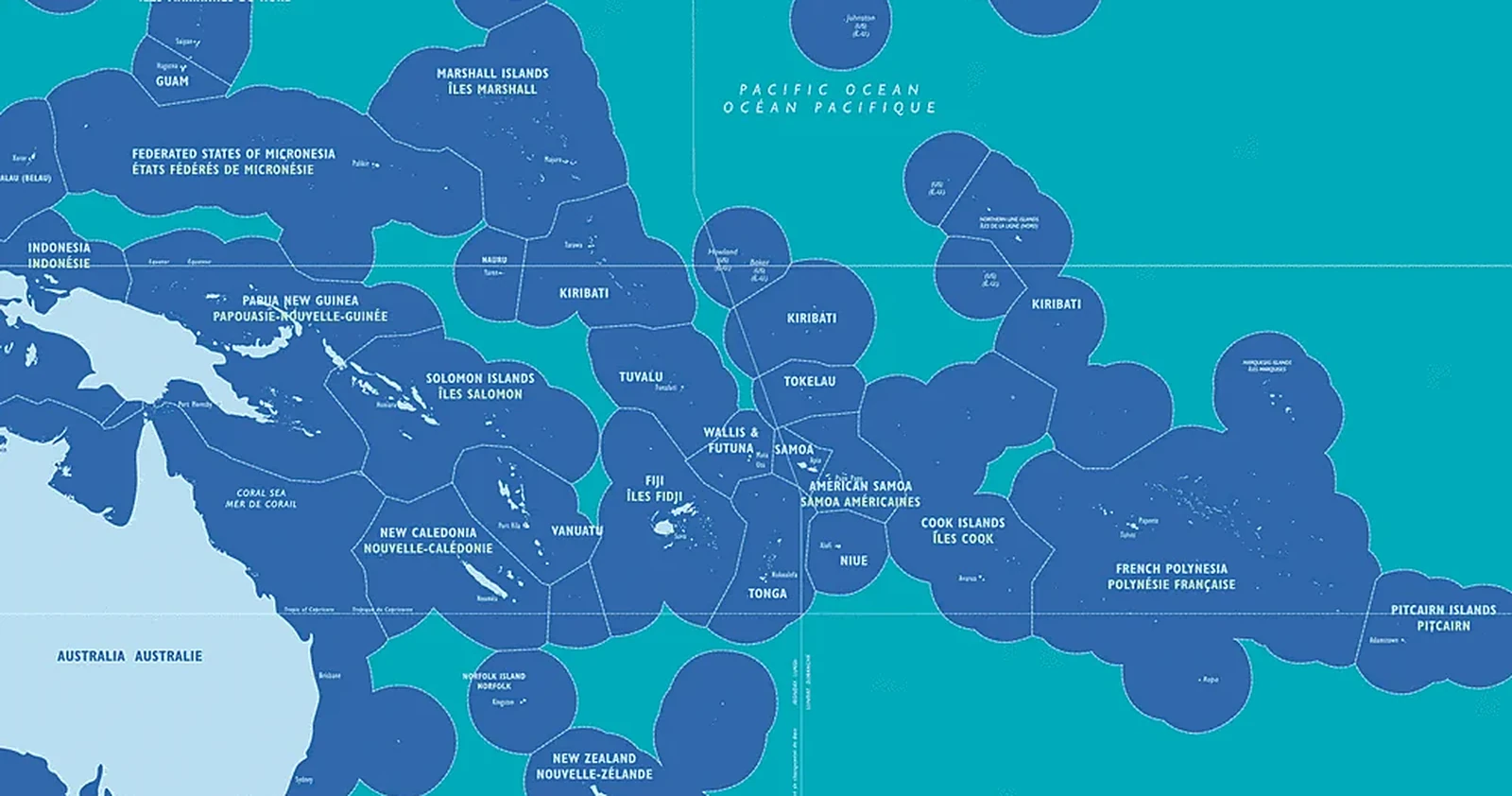 A map of the western and central Pacific showing exclusive economic zones and the high-seas pockets between them